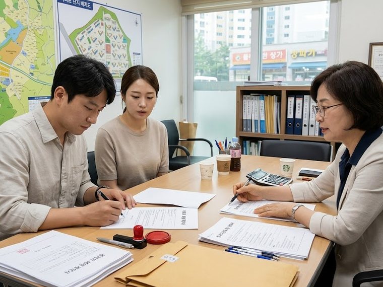 부부가 부동산 계약서를 쓰는 모습