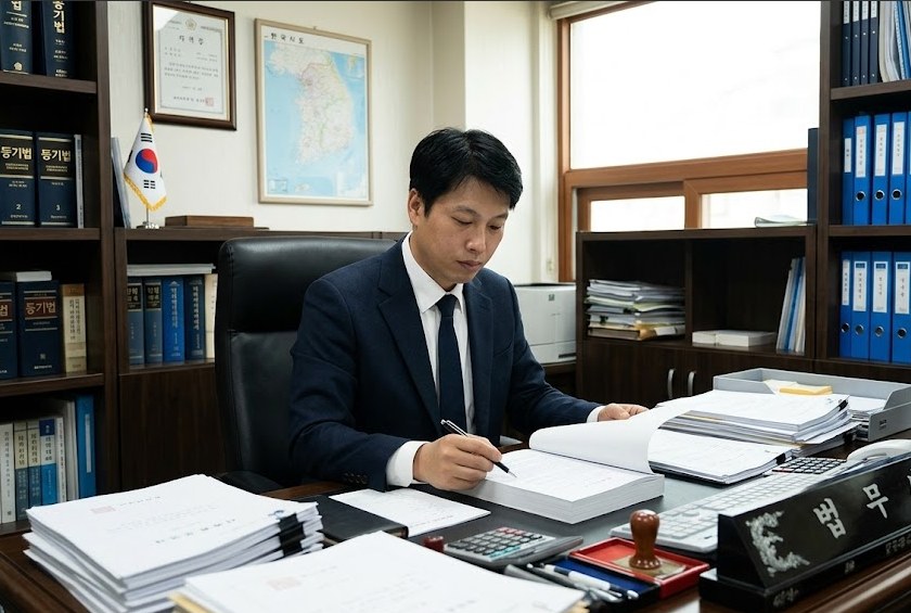 사무실에서 서류를 검토하는 이해준 대표 법무사